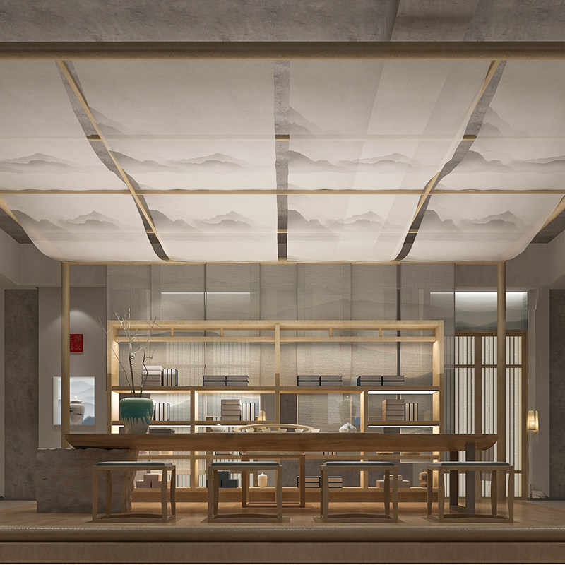 装饰飘顶棚悬挂式中式布帘玄关帘软屏风隔断帘半透卷帘窗帘山水画