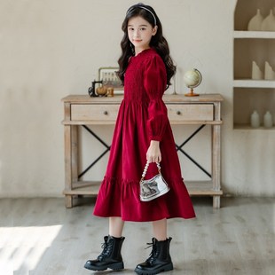 女童连衣裙秋冬款轻奢小众高端红色裙子中大童长裙女孩礼服公主裙