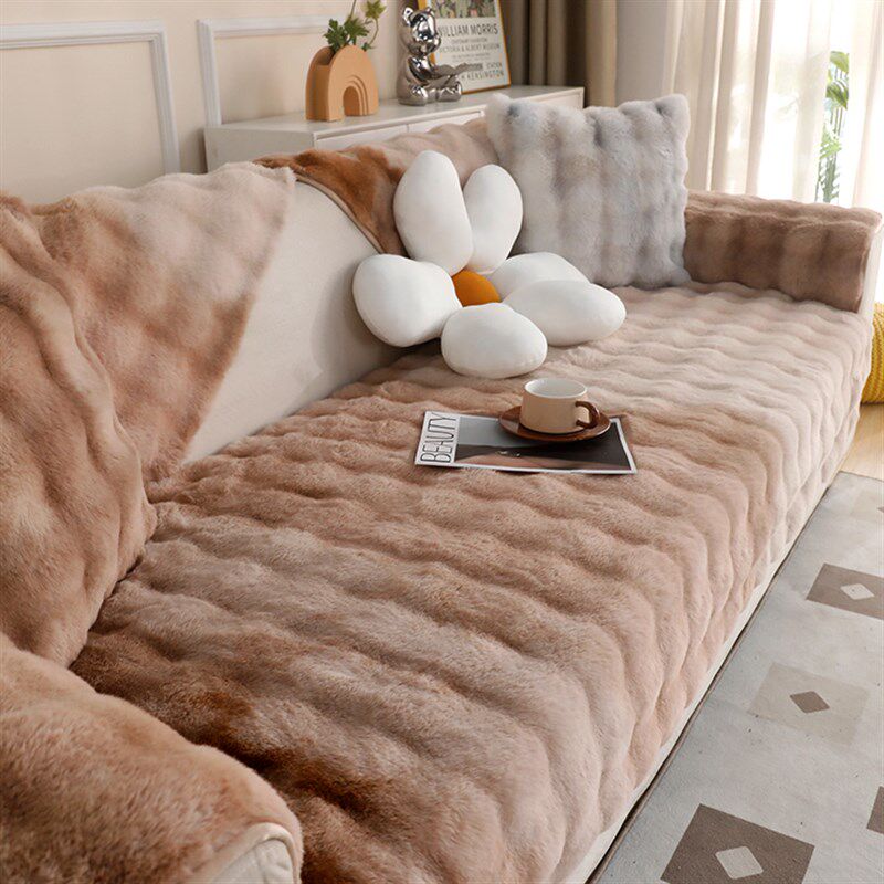 渐变色兔毛绒沙发垫2023新款秋冬加厚坐垫轻奢奶油风贵妃套罩定制