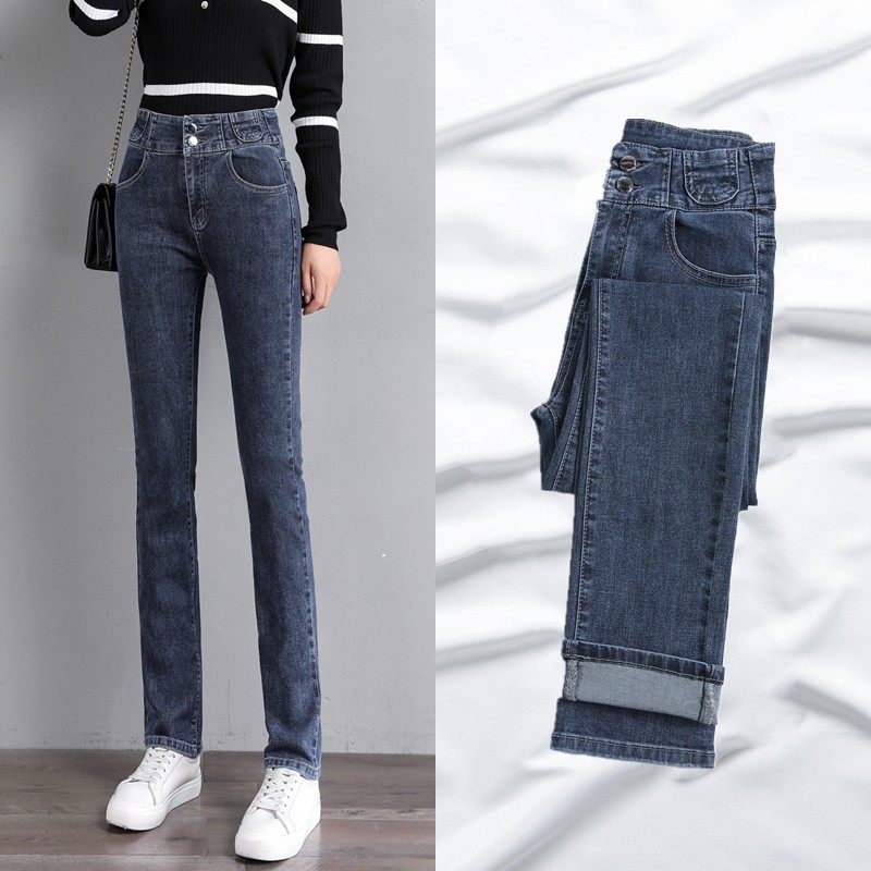 黑色加绒小直筒牛仔裤女高腰宽松显瘦2021年秋冬新款加长版女裤子