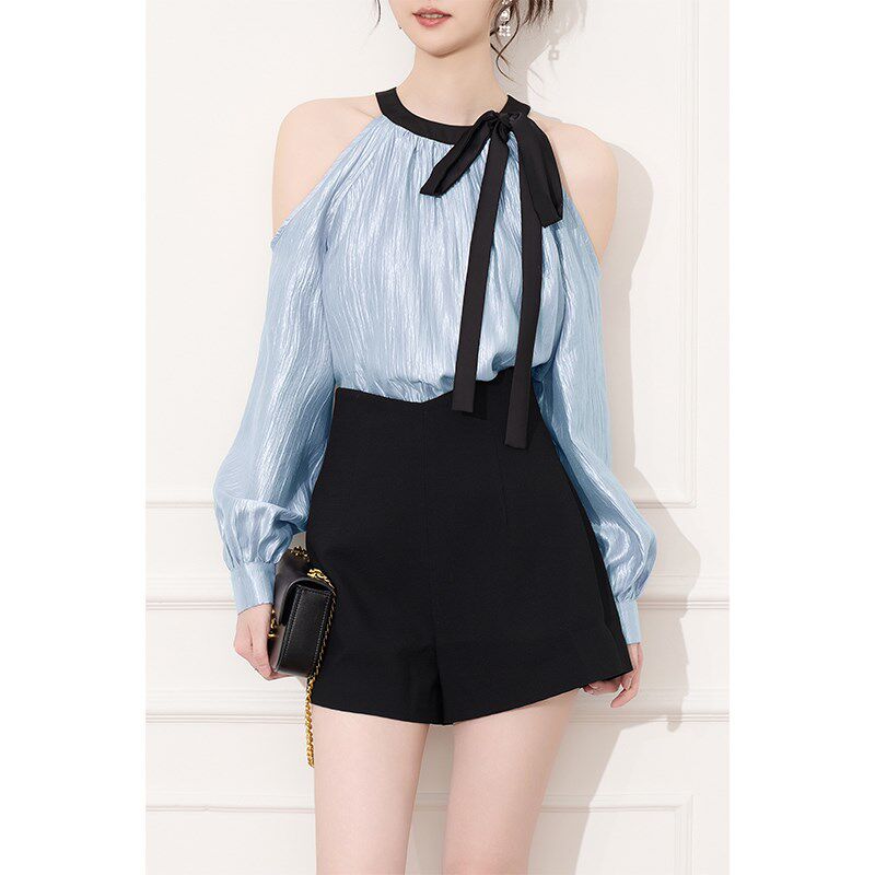 紫色挂脖衬衫女2024新款早秋轻奢高级感小衫短款长袖露肩上衣套装