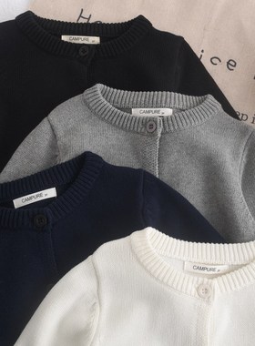 儿童毛衣开衫春秋款2024新款3岁2纯棉黑色白色男童女童针织衫外套