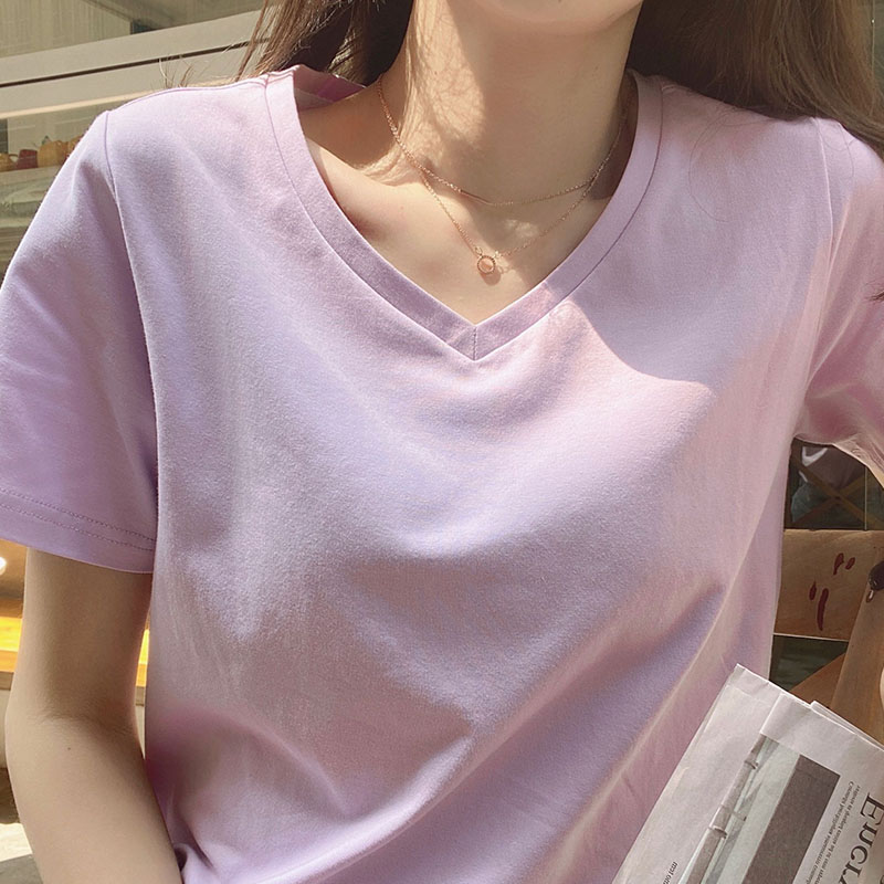 2021新款短袖t恤女网红上衣宽松纯白色纯棉夏V领内搭基础香芋紫潮