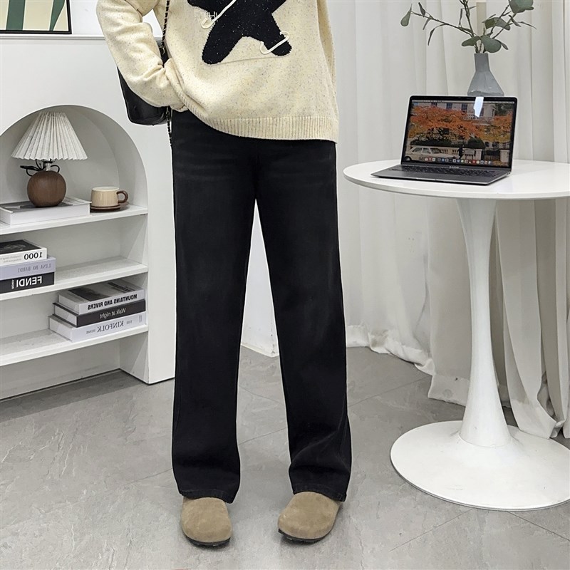 宛宛大码黑色窄版牛仔裤女秋冬胖mm宽松显瘦梨形身材阔腿直筒裤子