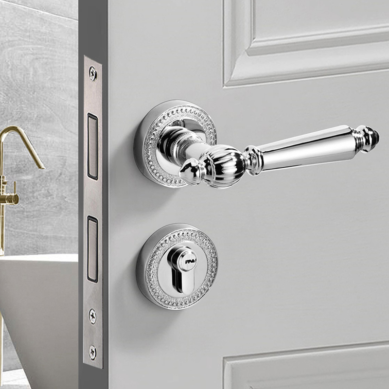 室内亮银色分体法式风套装简约美式意式卧室磁吸静音门把手木门锁