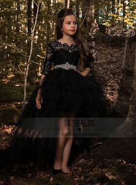 女童黑色晚礼服儿童模特T台走秀钢琴小提琴演出服主持人2018新款