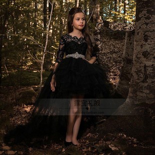 女童黑色晚礼服儿童模特T台走秀钢琴小提琴演出服主持人2018新款