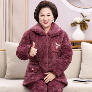 珊瑚绒睡衣女秋冬季2025新款三层夹棉加绒加厚中老年人家居服套装