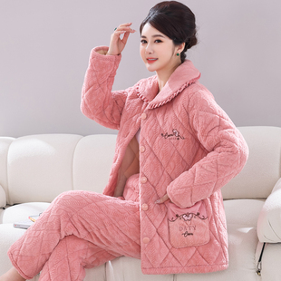 中老年妈妈款睡衣女秋冬季珊瑚绒加绒加厚三层夹棉保暖家居服套装