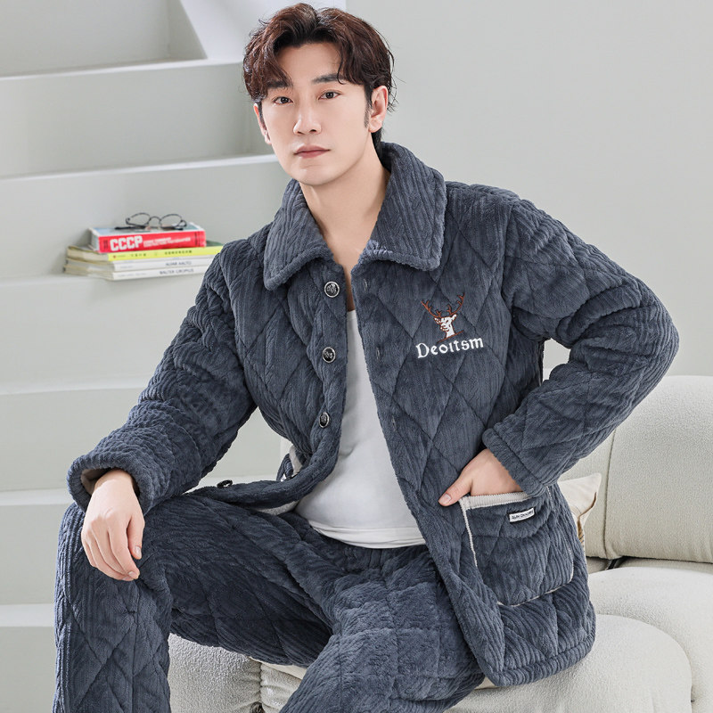 2025年新款冬季男士睡衣冬款加厚加绒珊瑚绒三层夹棉秋冬天家居服