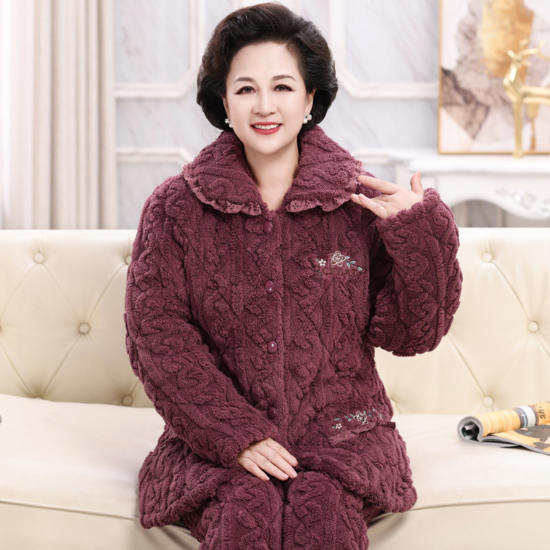 冬季珊瑚绒夹棉睡衣女三层加绒加厚秋冬款妈妈保暖中老年人家居服