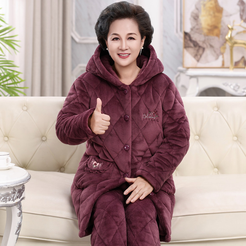 加长款连帽珊瑚绒夹棉睡衣女