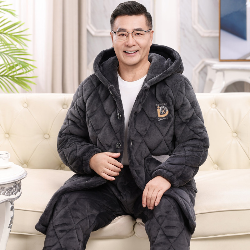 加长款连帽睡衣男士秋冬季加厚加绒珊瑚绒三层夹棉保暖中老年爸爸