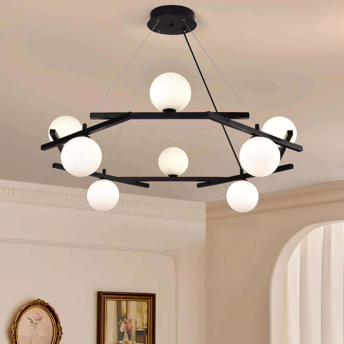 客厅吊灯意式极简艺术创意圆环黑色大气灯高级感玻璃魔豆大厅吊灯