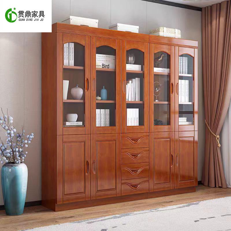 新中式实木书柜现代简约收纳柜家用落地带玻璃门靠墙置物架展示柜