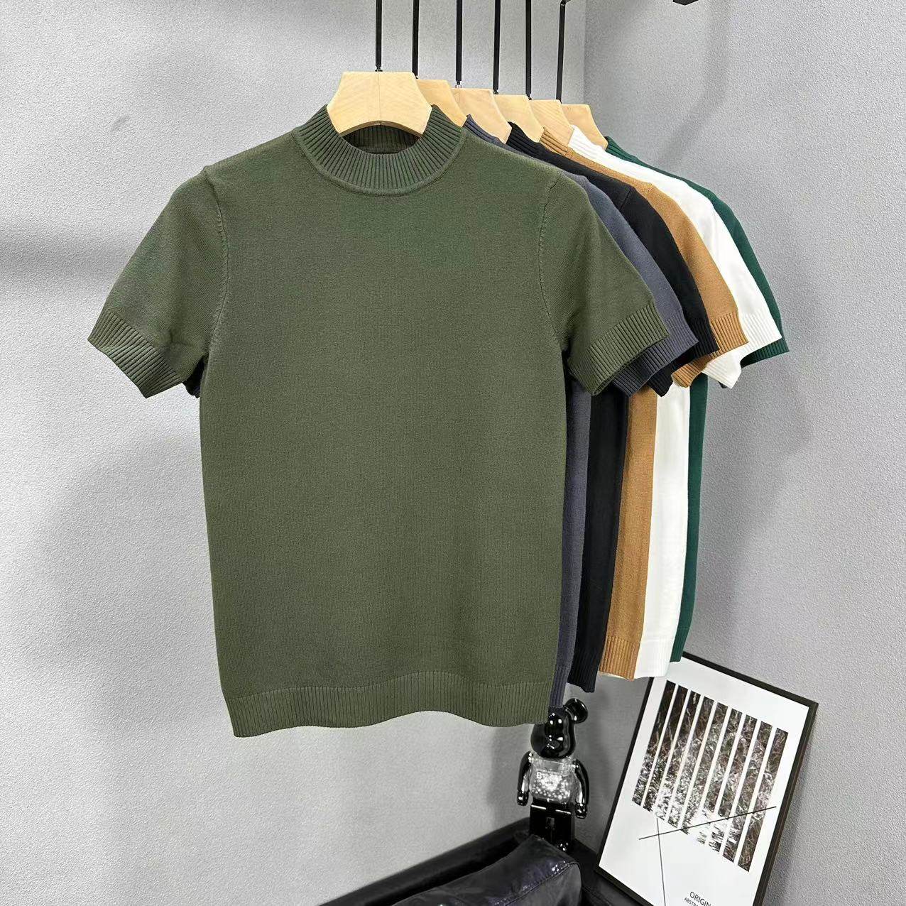 男士半高领针织短袖韩版修身纯色半袖T恤潮男紧身中领打底衫线衫