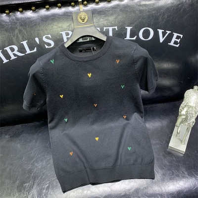 男士圆领刺绣短袖毛衣秋季新款时尚潮流修身薄款针织半袖打底毛衫