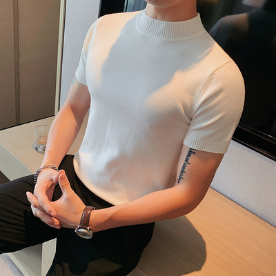 时尚帅气半高领短袖毛衣男潮牌修身内搭针织衫2024冬季新款打底衫