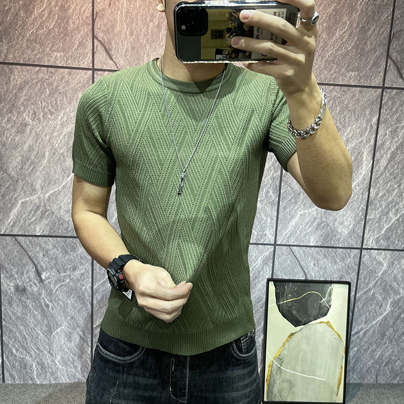 短袖针织衫男圆领纯色打底毛线衣青年修身套头紧身半截袖半袖毛衣