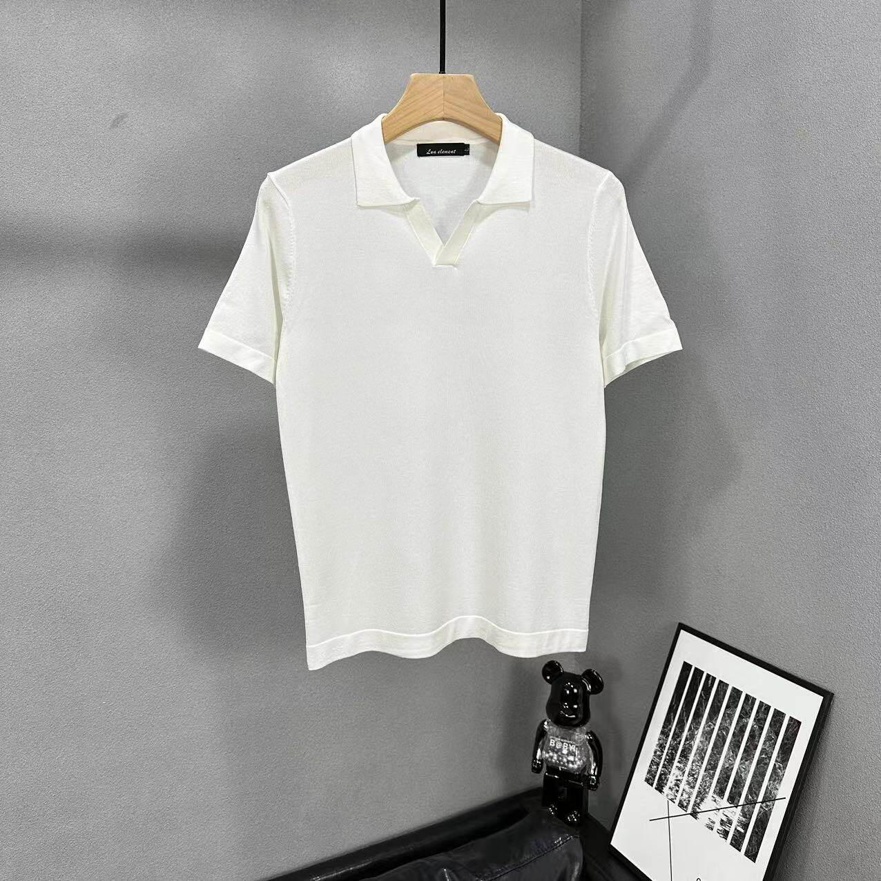 2023夏季极简纯色八字领翻领t恤男短袖英伦时尚针织冰丝polo衫男