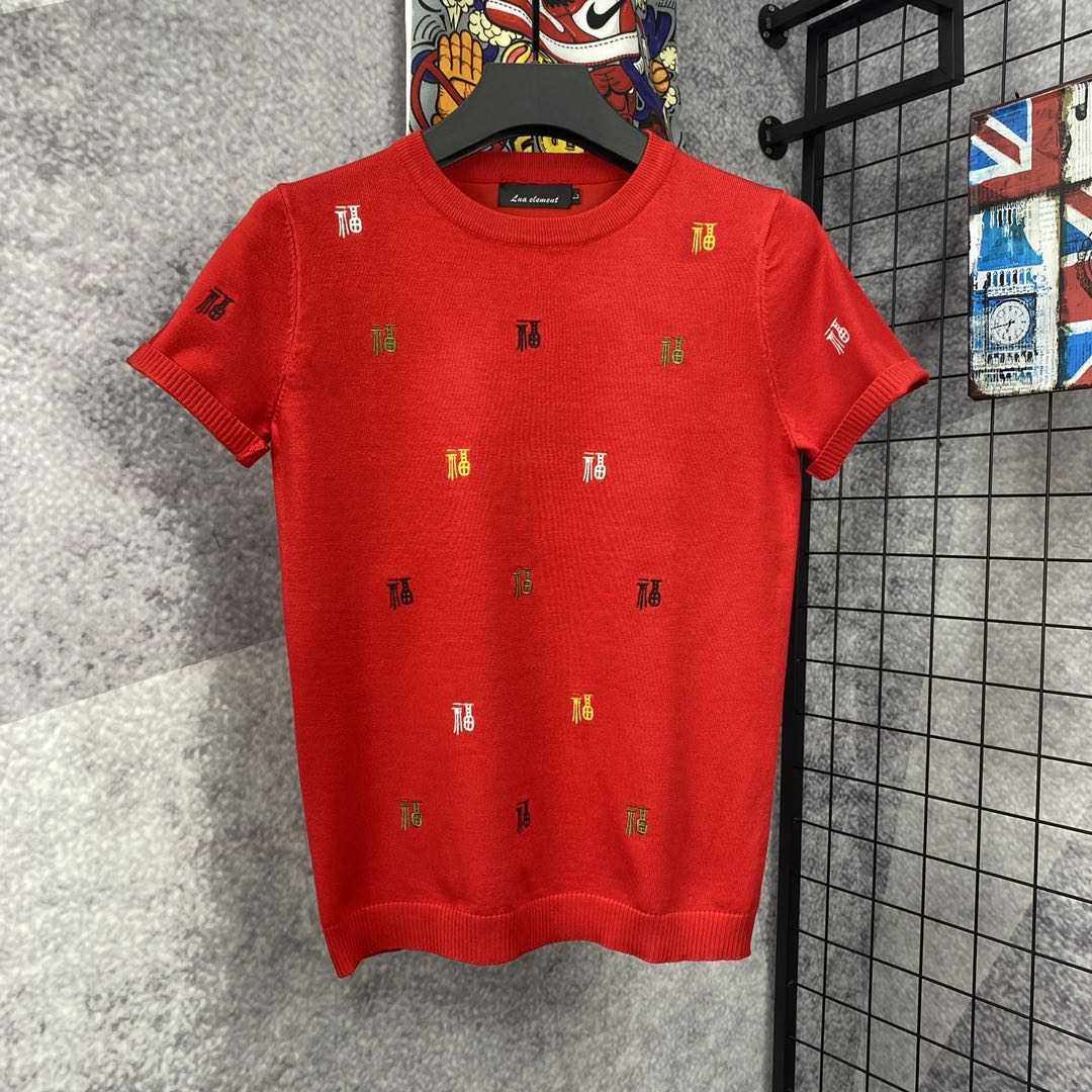 男士刺绣毛衣春季打底短袖针织衫字母红色本命年半袖圆领潮流线衣