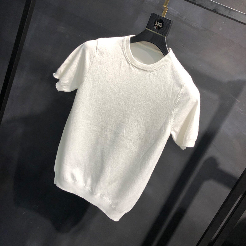 男士短袖针织衫2024秋冬新款打底衫个性纯色潮流青年毛衣大码线衫