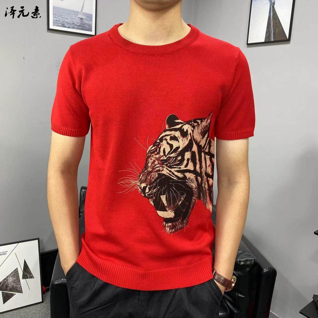 2025秋冬红色本命年短袖毛衣男士时尚修身针织衫潮流打底上衣