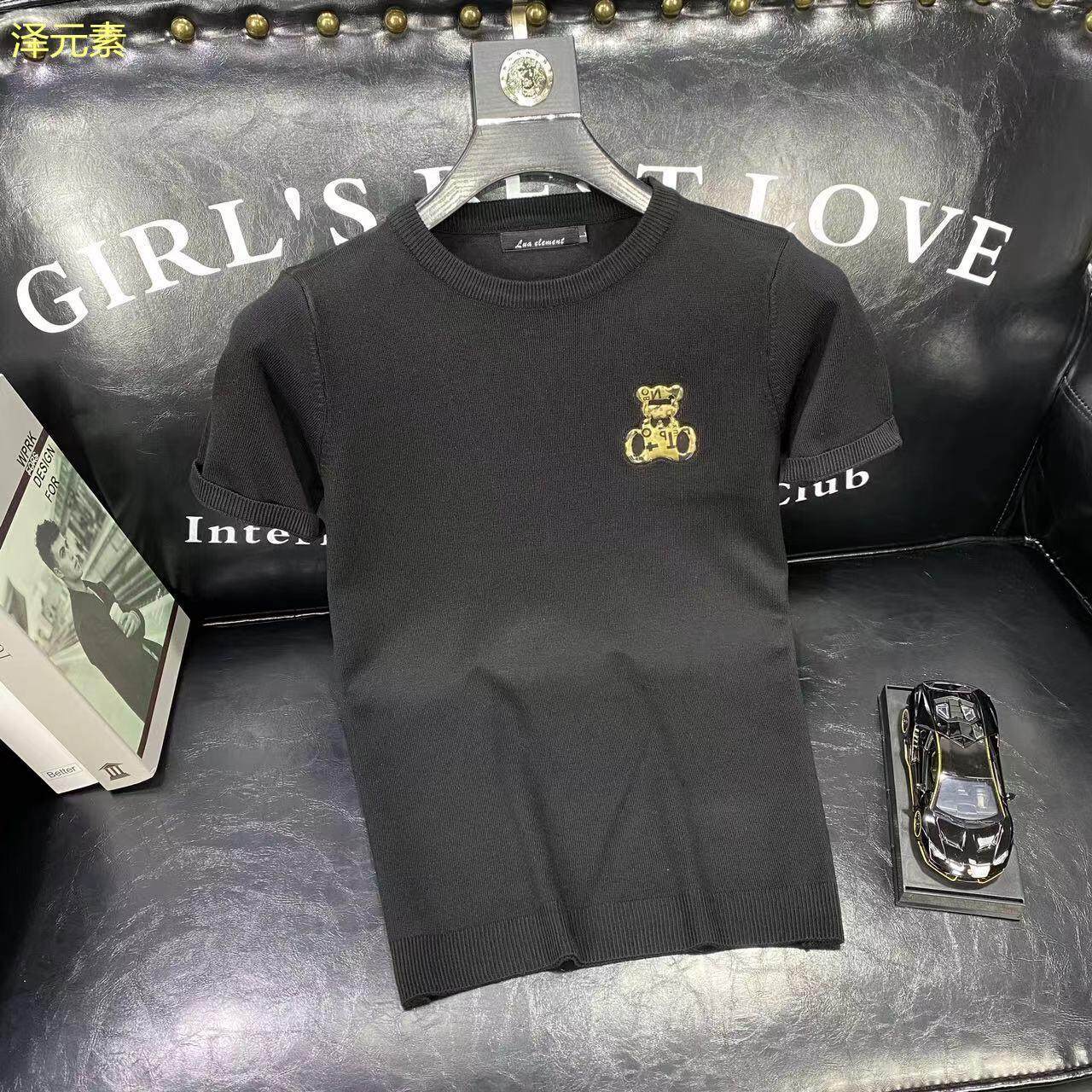 秋冬季修身短袖毛衣男打底衫压花小熊线衣黑色男士半袖针织衫潮流