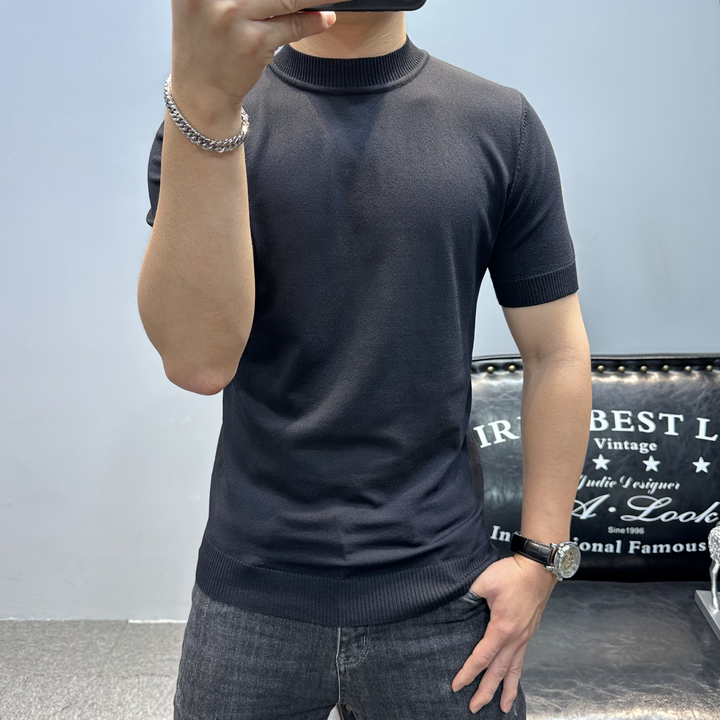 短袖T恤男半高领简约纯色夏季冰针织打底衫男生韩版潮流上衣体恤