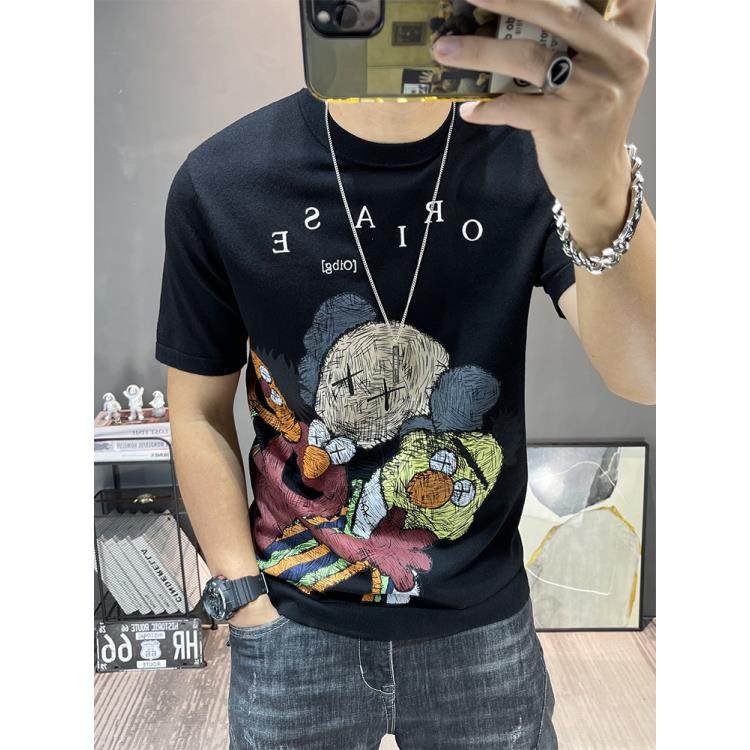 针织短袖男潮流卡通印花半袖毛衣秋冬打底衫大码毛衫半截袖上衣潮