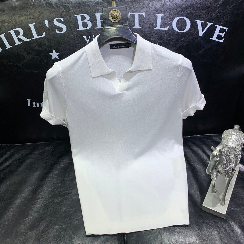 纯色冰丝POLO衫短袖男夏季时尚潮流修身百搭翻领针织半袖T恤薄款