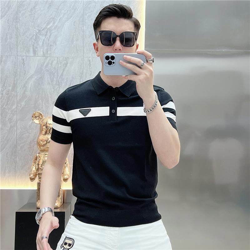 秋季新款个性条纹修身弹力透气薄款针织毛衣翻领短袖polo衫打底男