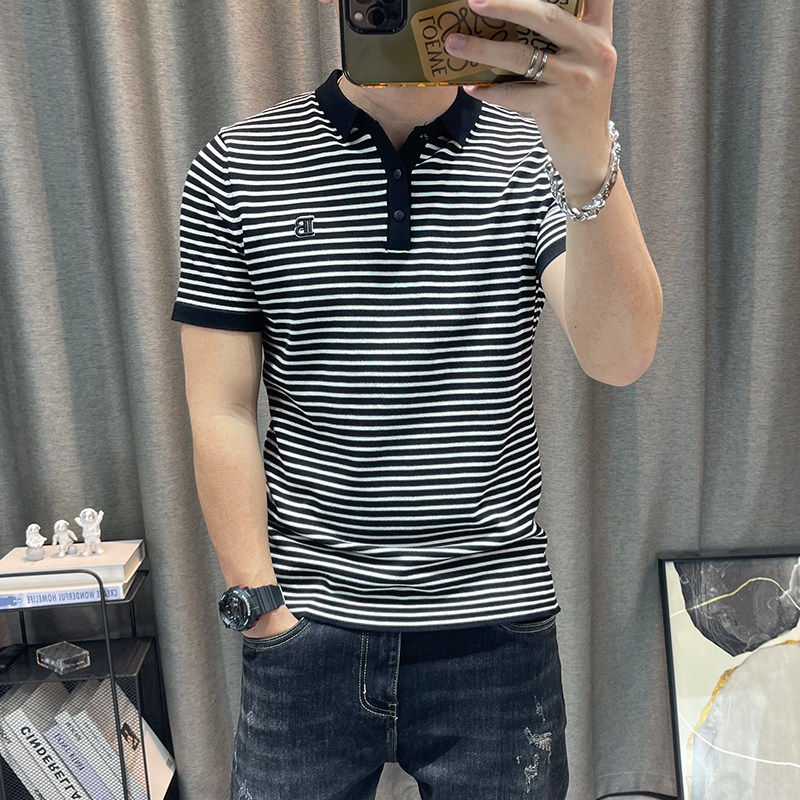 条纹短袖针织polo衫男青年打底针织衫修身弹力紧身衣服毛线衣上衣