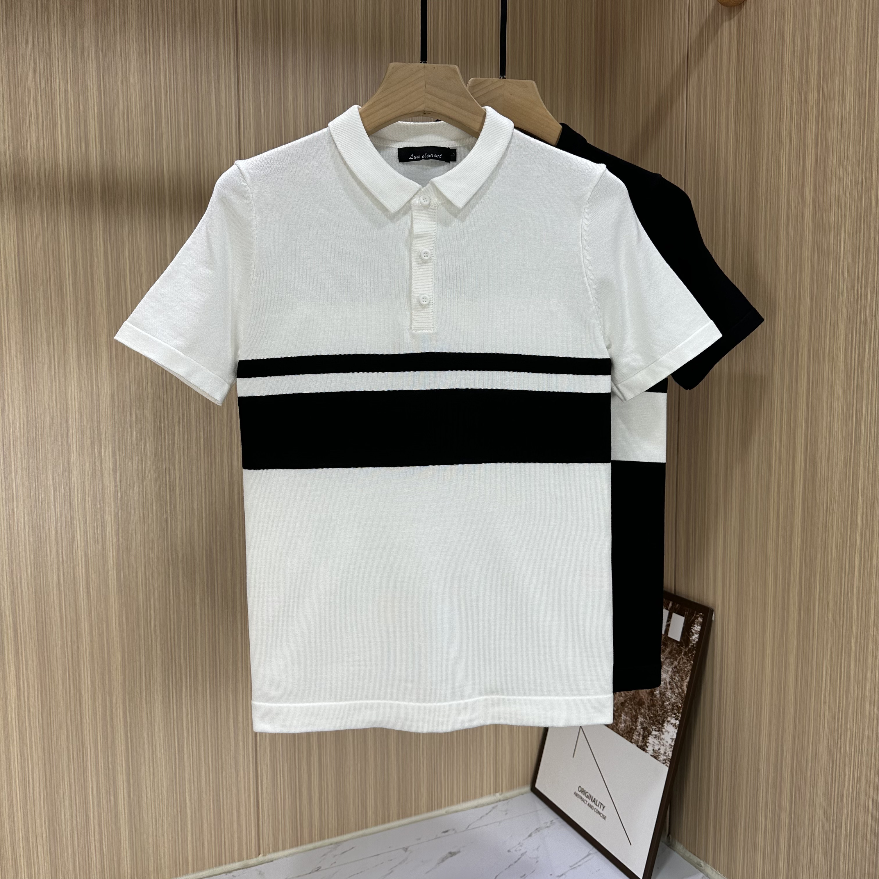 夏季高级感条纹冰丝针织短袖POLO衫男士潮流韩版修身青年帅气男装