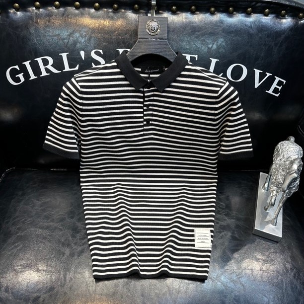 新款韩版条纹潮牌polo衫男短袖翻领t恤针织衫半袖薄款修身青年潮