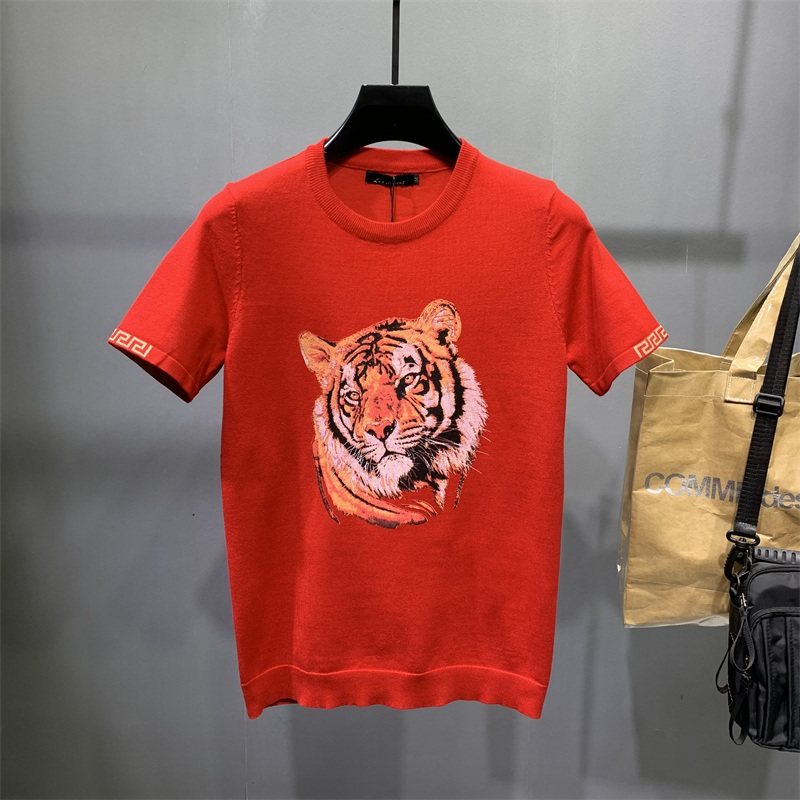 男士短袖毛衣红色打底衫社会圆领大码2022春秋针织半截袖男装上衣