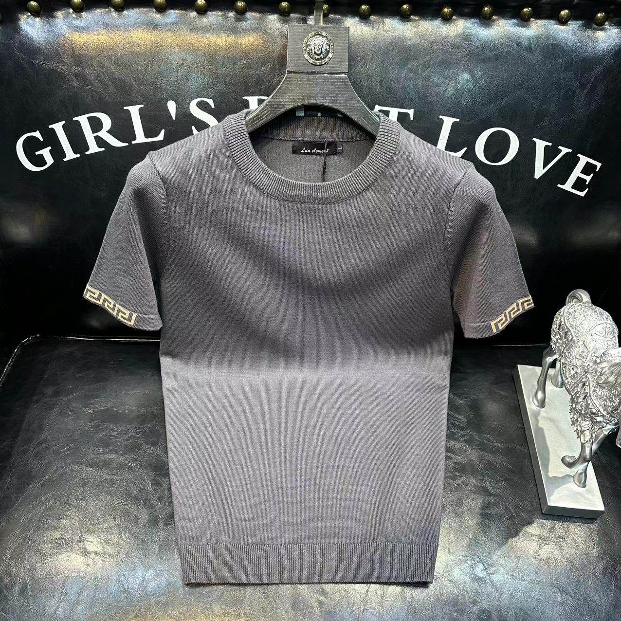 本命年红色春秋新款男毛衣半袖轻奢潮牌网红针织短袖纯色打底衫