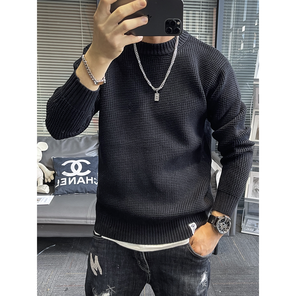 华夫格毛衣男2023秋冬季新款爆款纯色冬季宽松针织休闲加厚打底衫