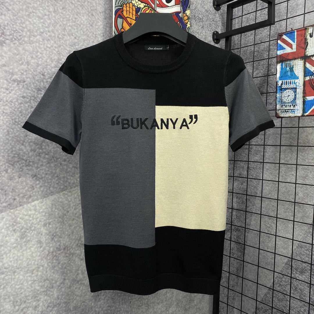 春季拼色刺绣短袖毛衣男针织T恤衫半袖社会人修身线衣打底衫毛衫