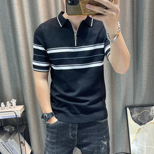 短袖polo针织衫男拉链上衣修身翻领半袖毛衣弹力毛线衣男装衣服潮