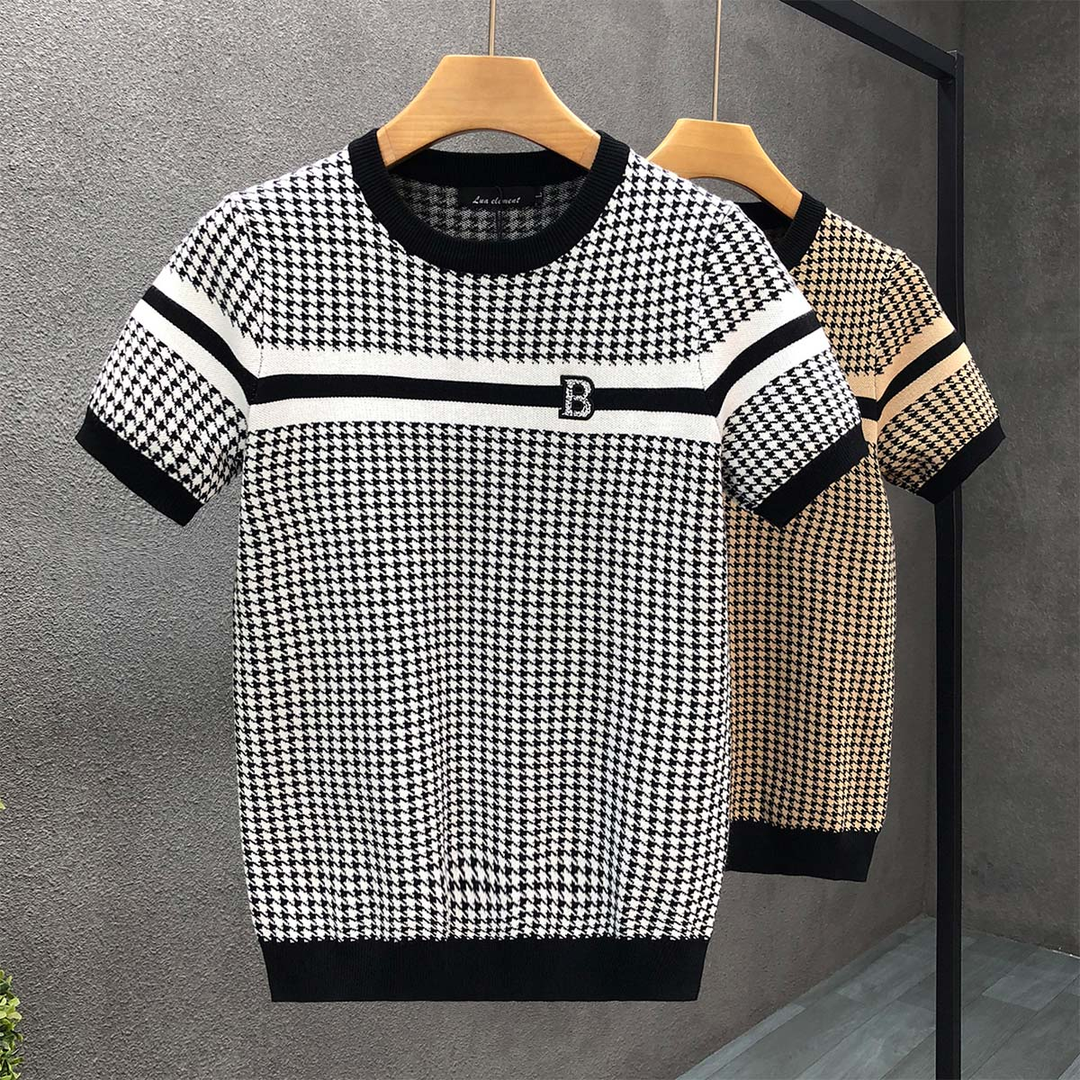 韩系千鸟格短袖毛衣男潮内搭针织衫2023秋冬季新款男士半袖打底衫