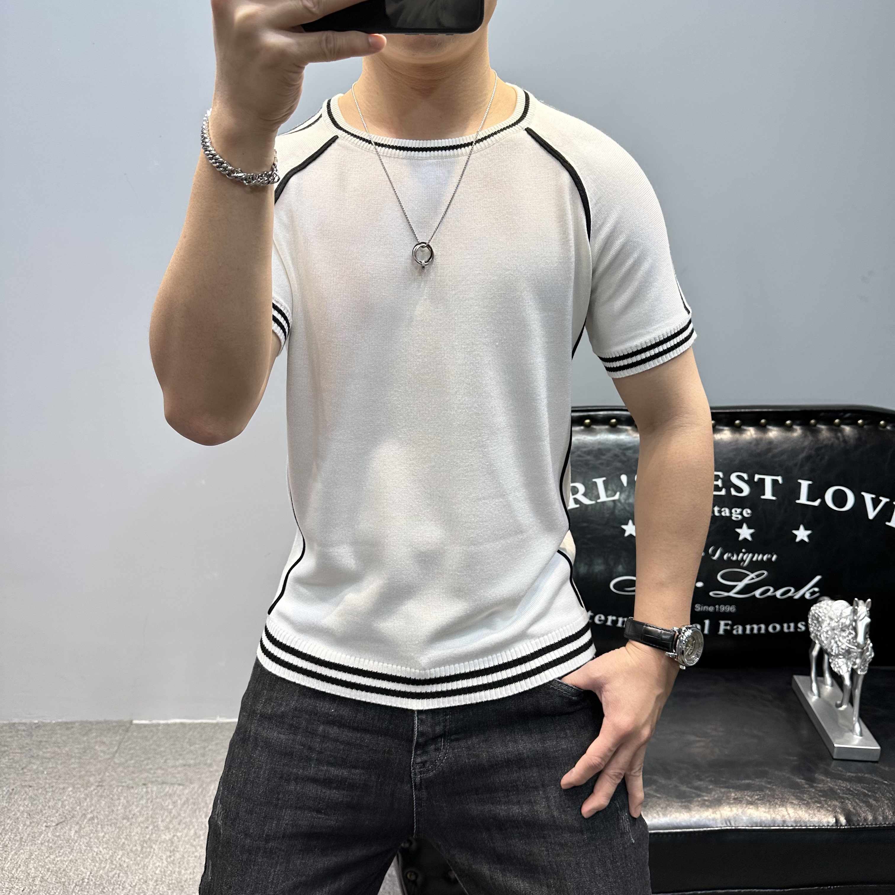 潮流条纹撞色针织半袖T恤男夏季针织薄款打底衫男士简约圆领短袖