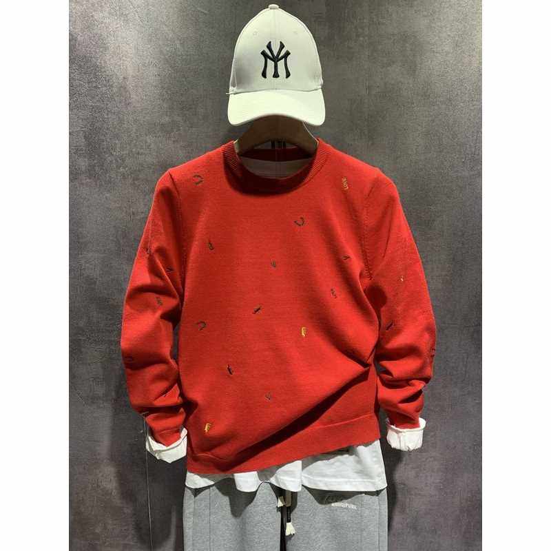 2023秋冬男士本命年圆领长袖针织衫时尚刺绣红色毛衣潮牌男装内搭