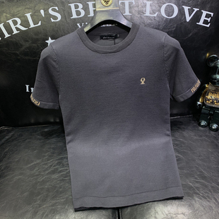 鹿头刺绣轻奢时尚秋冬季新款男士针织打底衫短袖毛衣T恤休闲潮牌