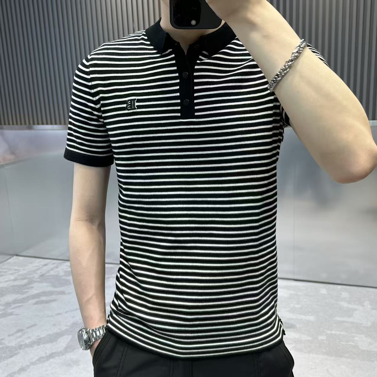 夏季男士POLO衫高端潮流商务短袖休闲黑白条纹小翻领针织半袖透气