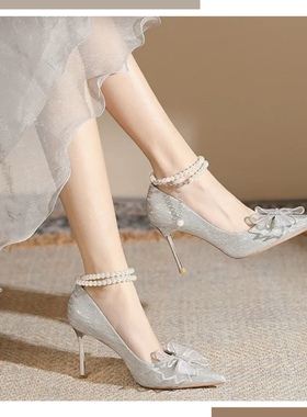 法式一字带婚鞋成人礼虎皮纹珍珠链条蝴蝶结女高跟鞋