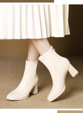 2024秋冬新款法式粗跟方头高跟鞋显瘦弹力瘦瘦靴