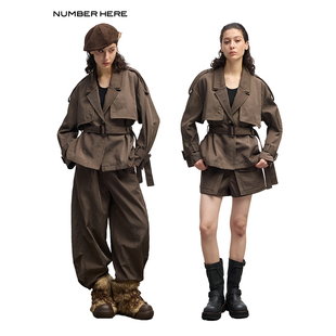 NUMBER HERE 日本进口高捻纱线光泽感肌理面料短风衣短裤休闲长裤