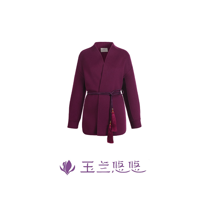 玉兰悠悠秋冬新款“绛绒流苏”羊绒羊毛桑蚕丝混纺流苏系带大衣