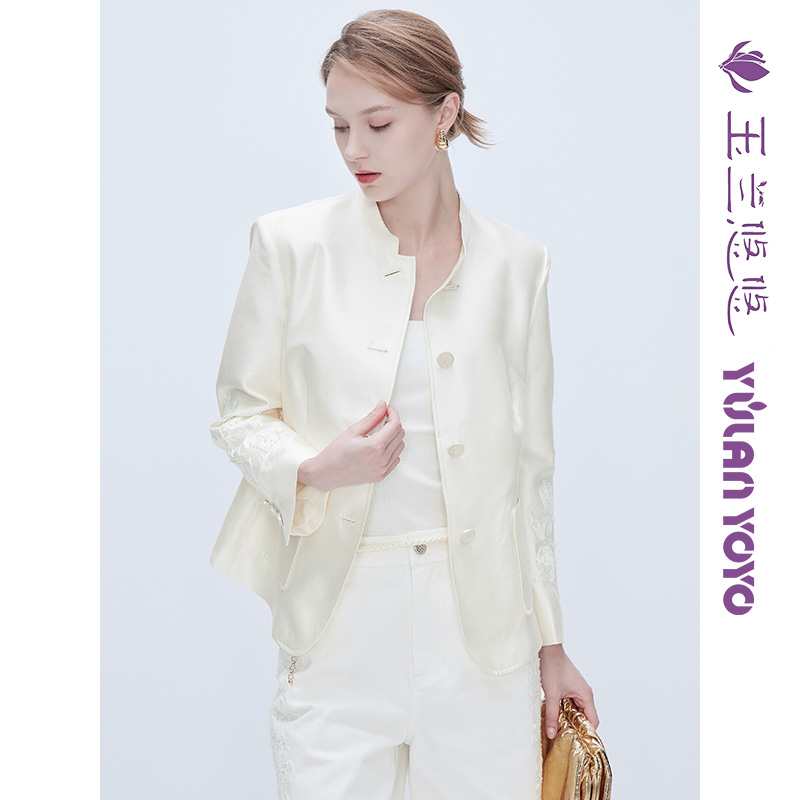 玉兰悠悠2025新款秋“盘金缀玉”丝毛外套圆领刺绣西装时尚气质